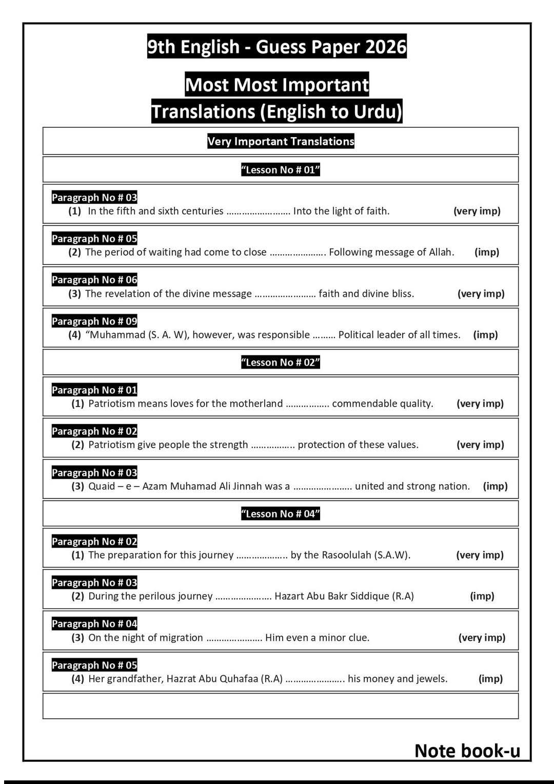 9th Class English Guess Paper 2026